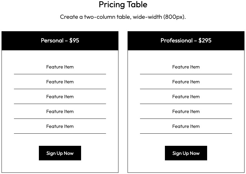 pricing table WordPress block pattern
