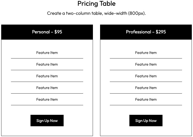 pricing table WordPress block pattern